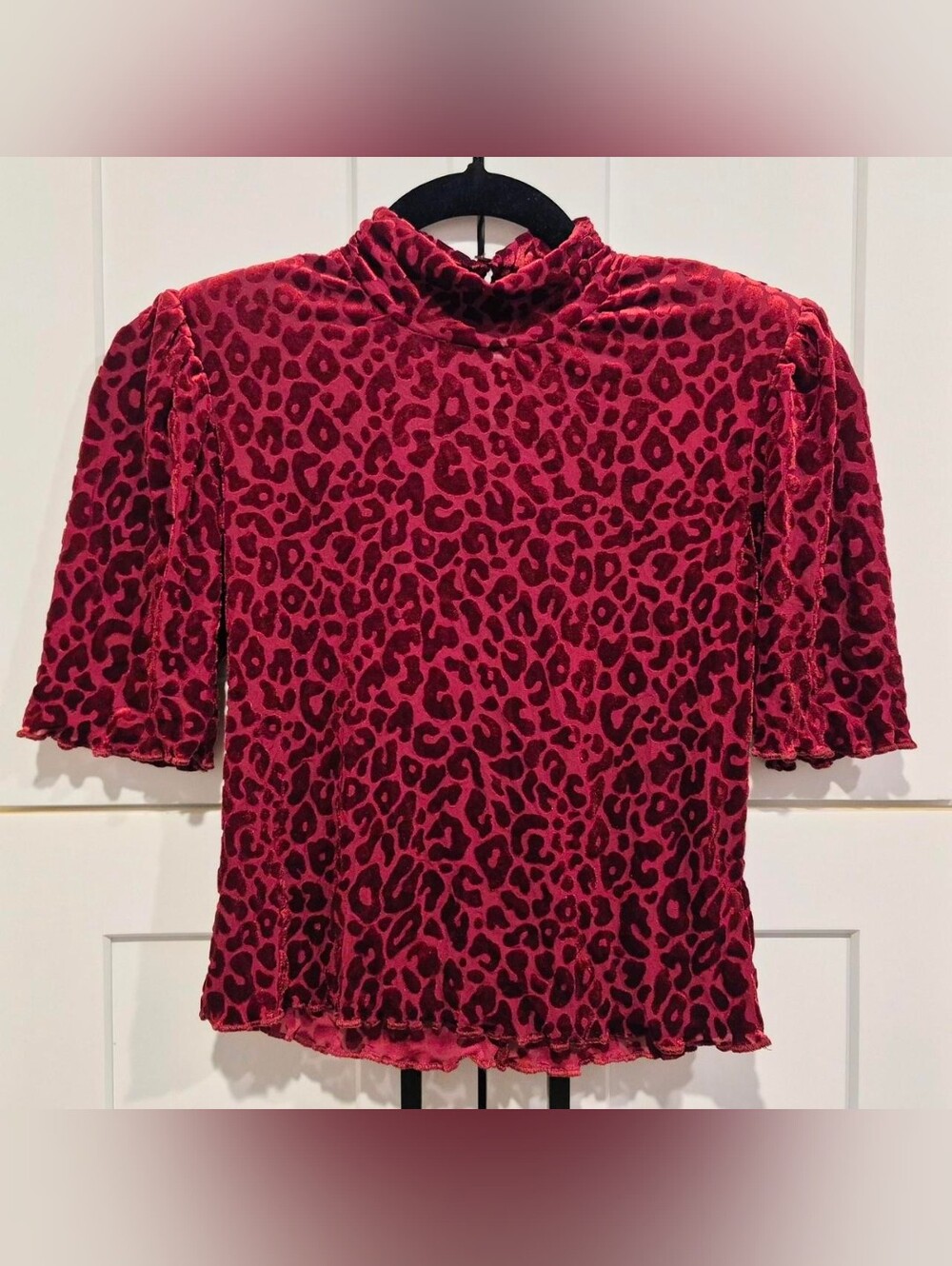 Forever 21 Berry Red Velvet Leopard Mock Neck Top